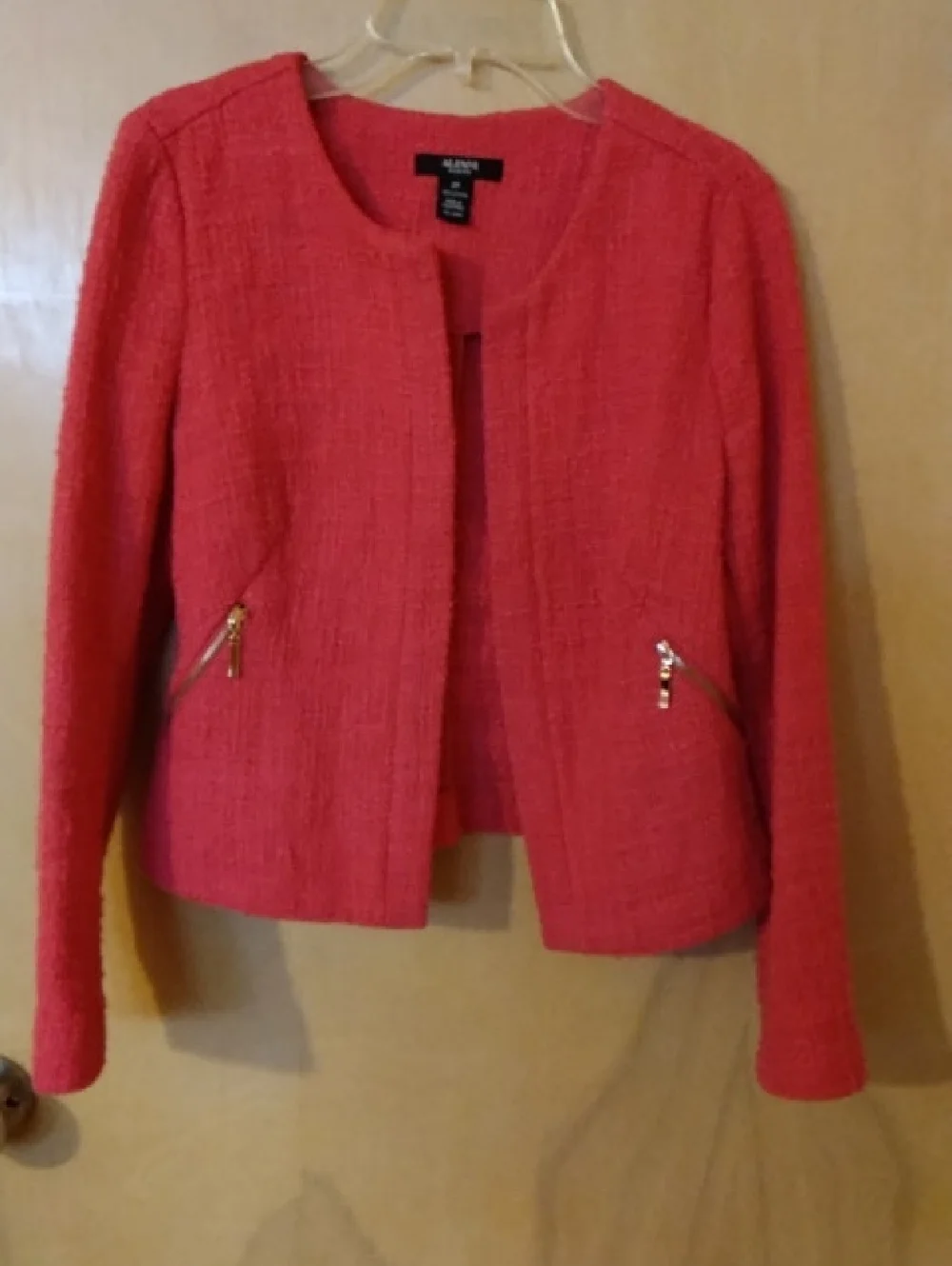Alfani Coral-Pink Tweed Collarless Zip-Pocket Jacket - Picture 1 of 3